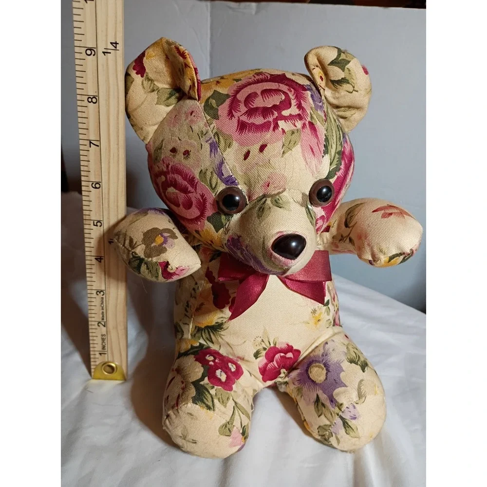 Vintage 1989 Milaca Mills Floral Teddy Bear Plush Cottagecore Decor 9 inch
